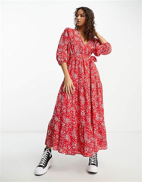 Glamorous Tiered Maxi Wrap Dress In Red Ditsy Asos