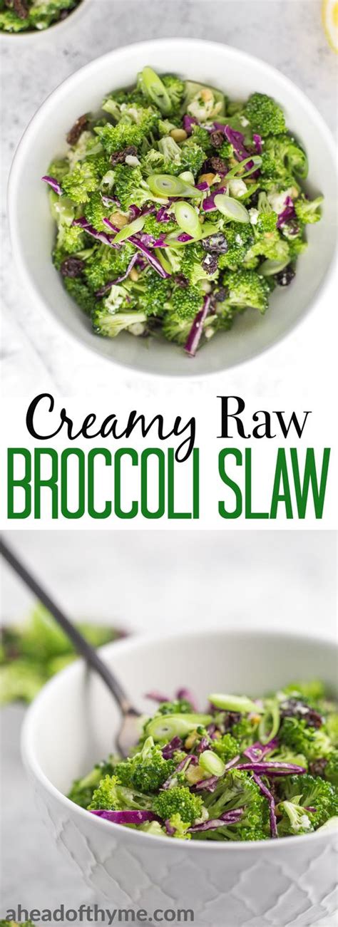 Creamy Raw Broccoli Slaw With Feta Raisins And Toasted Pine Nuts Recipe Raw Broccoli Slaw