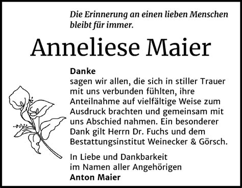 Traueranzeigen Von Anneliese Maier Abschied Nehmen De