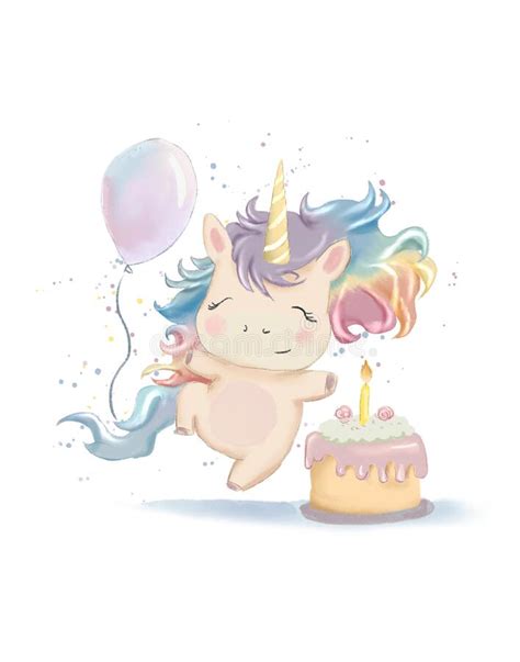 Disegno Di Un Unicorno Allegro Con Una Torta Di Compleanno E Un