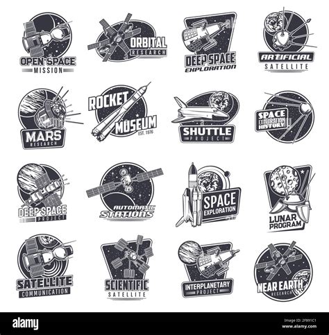 Space Vector Retro Icons With Spaceships Or Satellites Mars Research