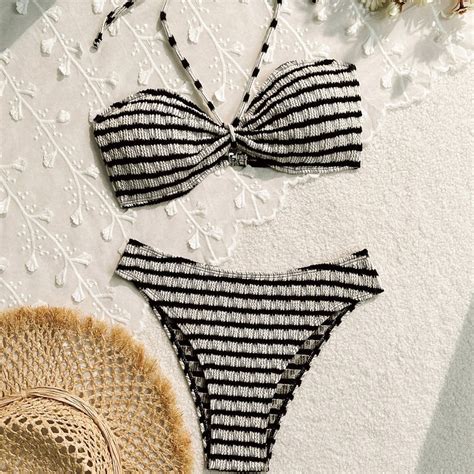 Women S Bikini Split Striped Printed Swimsuit Beach Vacation Swimsuit Shopee Philippines
