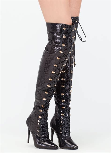 Walk Tall Sequin Thigh High Boots Black Sequin Thigh High Boots