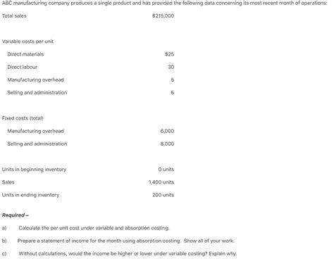 Solved ABC manufacturing company produces a single product | Chegg.com