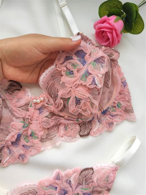 Flower Embroidered Lingerie Setpink Lace Lingerie Etsy