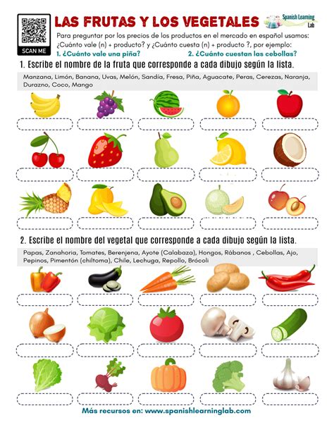 Frutas Y Vegetales En Espa Ol Ejercicios En Pdf Spanish Learning Lab