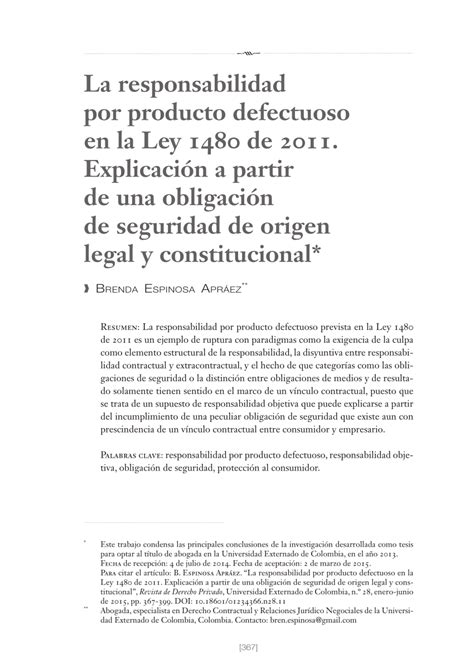 Pdf La Responsabilidad Por Producto Defectuoso En La Ley 1480 De 2011 Explicación A Partir De