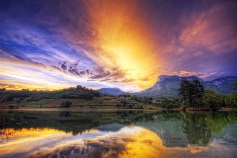 Papel De Parede Luz Solar Árvores Panorama Pôr Do Sol Lago