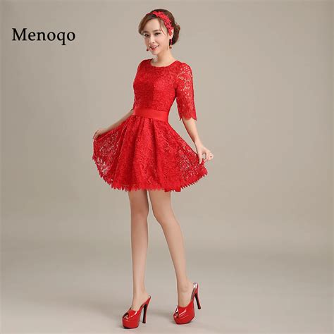 Menoqo Red Lace Cocktail Dresses Half Sleeves Mini Short Prom Party