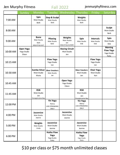Jen Murphy Fitness Schedule - In-Person & Simulcast Streaming Classes