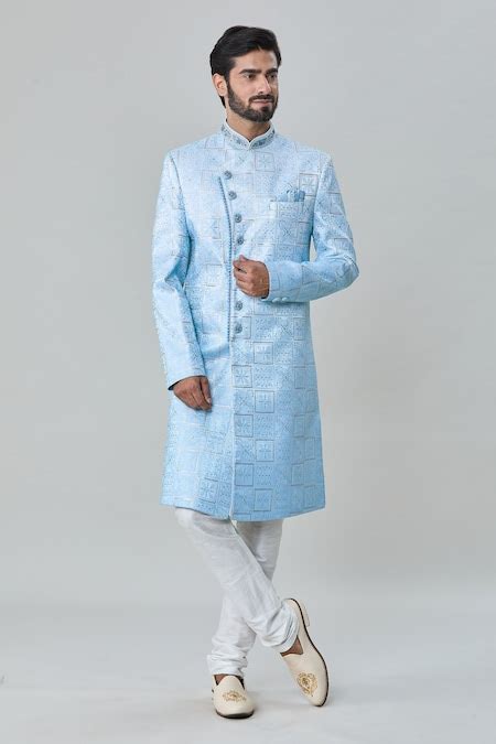 Buy Blue Art Silk Embroidery Floral Tile Sherwani With Churidar For Men