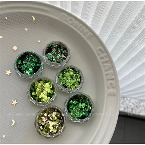 Set nhũ xanh trang trí móng màu matcha cực hot set 6 hũ nhũ kim tuyến lấp lánh làm nail