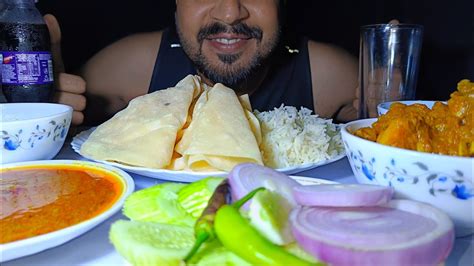 ASMR EATING SPICY CHICKEN CURRY RICE DAL ROMALI ROTI SALAD