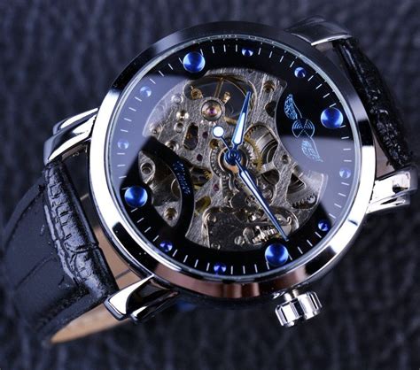 Winner Black Skeleton Designer Blue Engraving Clock Watch Luxury