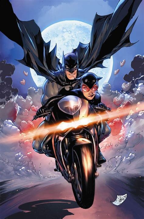 Batman And Catwoman Riding On The Back Of A Motorcycle In Front Of A Full Moon