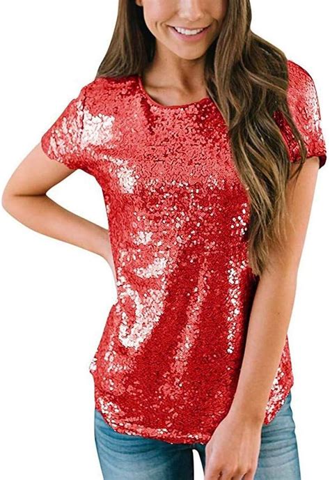 KaloryWee T shirt à paillettes pour femme Rouge L Amazon fr Mode