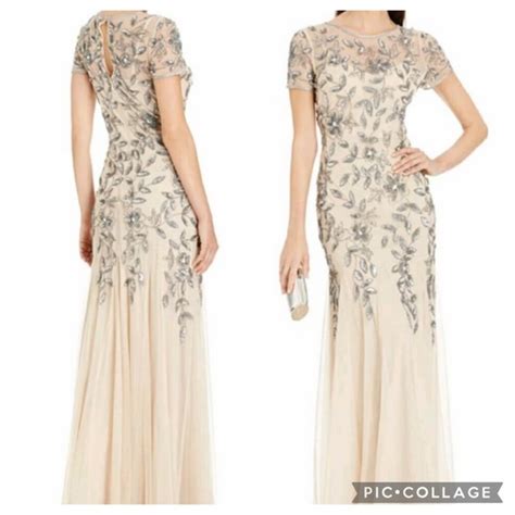 Adrianna Papell Dresses Floral Beaded Godet Gown With Sheer Short