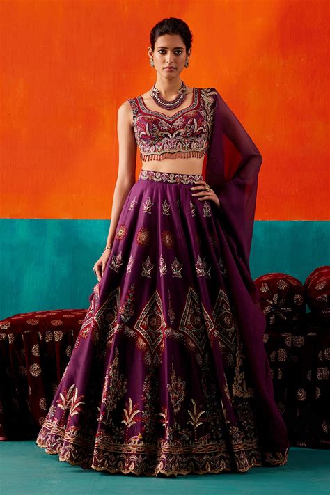 Buy Purple Dupion Silk Embroidery Sequin Leaf Tassel Drop Lehenga Set