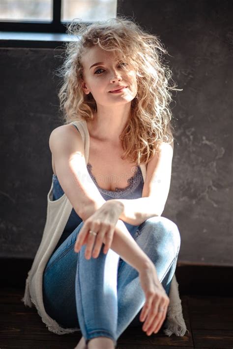 Close Up Portrait Of Sweet Blonde Woman In A Casual Jeans Clothes Stock Image Image Of