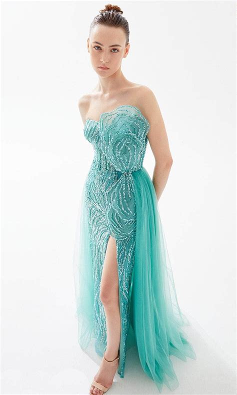 Tarik Ediz 98308 Strapless Beaded Evening Dress Couture Candy