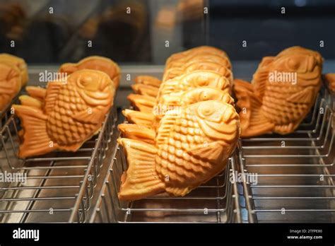 Waffle Taiyaki Fish Pastries On Display At A Coffee Shop Stock Photo