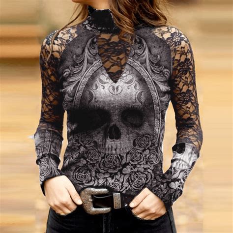 Women Gothic Skull Print Top Lace Steampunk Long Sleeve T Shirt Blouse