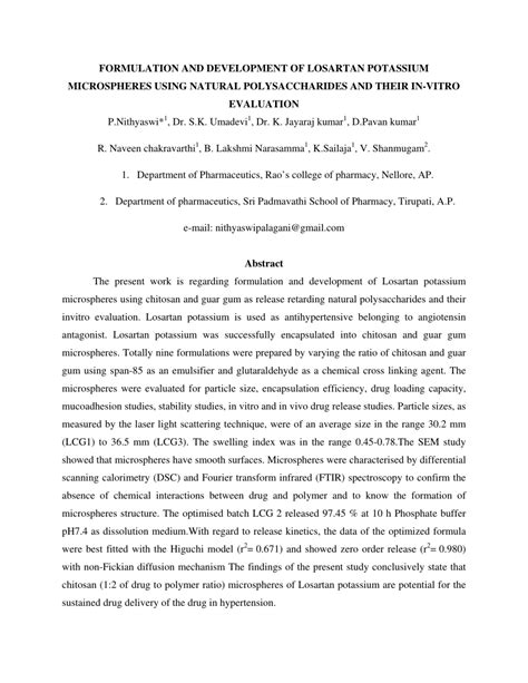 PDF FORMULATION AND DEVELOPMENT OF LOSARTAN POTASSIUM MICROSPHERES