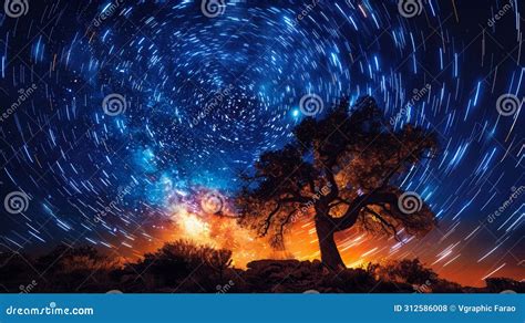 Starry Night Sky with Tree Silhouette Stock Photo - Image of star ...