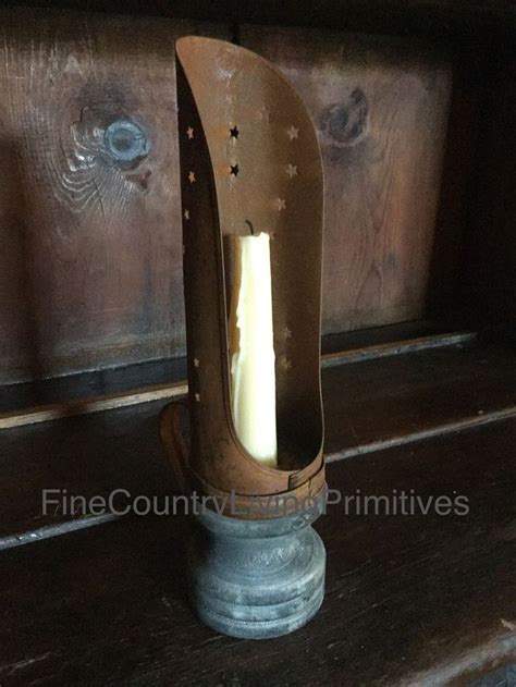 Primitive Colonial Country Rusty Punched Tin Scoop Candle Holder