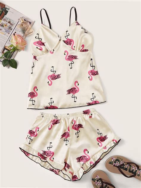 Flamingo Print Satin Cami With Ruffle Shorts Pj Set Ad Spon Satin