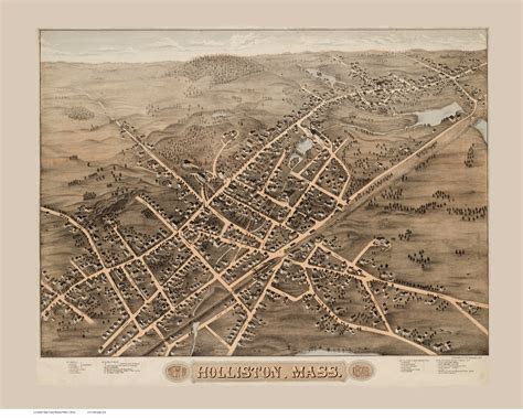 Holliston Massachusetts 1878 Bird S Eye View Old Map Reprint Bpl Old Maps