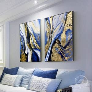 Pieces Gold Leaf Navy Blue Abstract Painting On Canvas Wall Art Frame