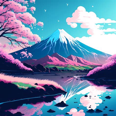 Premium Photo | Fuji mount with sakura trees and river, landscape anime ...