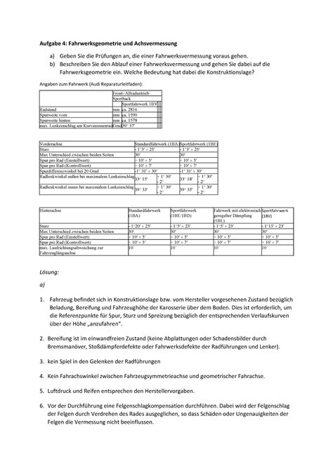 Uebung Aufgabe 4 Sommersemester 2021 Aufgabe 4 Fahrwerksgeometrie