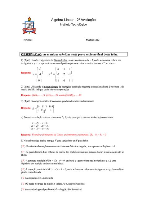 Prova 7 Maio 2018 questões e respostas Álgebra Linear 2a Avaliação