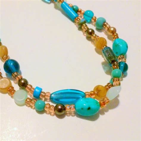 Hand Crafted Jewelry Shades Of Blue And Gold Multi Strand Glass