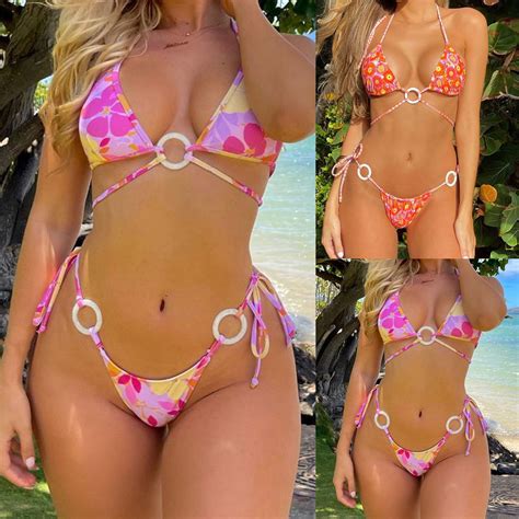 Swimsuit Bikini Halter Push Up Round Ring Connection Bikini Set Floral