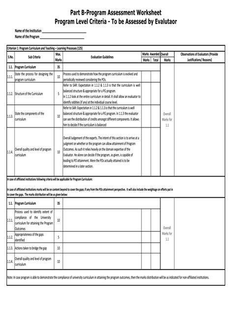 Fillable Online Part B Program Assessment Worksheet Program Level