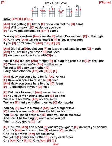 U2 - One Love | Uke songs, Song lyrics and chords, Guitar chords for songs