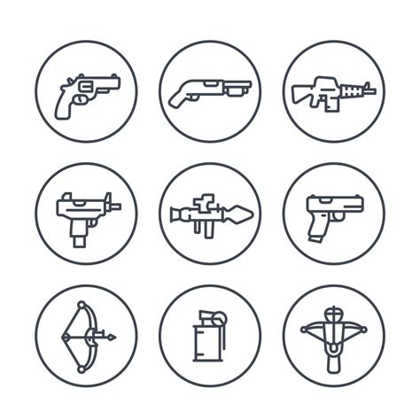 Weapons Line Icons In Circles Pistol Submachine Gun Assault Rifle