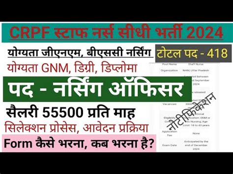 CRPF l नरसग ऑफसर भरत 2024 l Staff Nurse Recruitment l NHM Staff