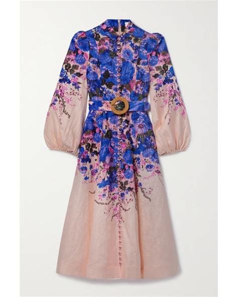 Zimmermann High Tide Belted Embellished Floral Print Linen Midi Dress