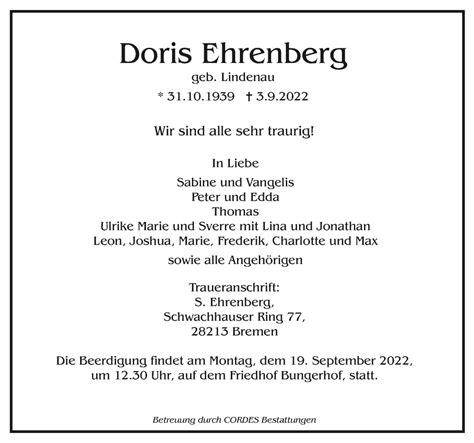 Traueranzeigen Von Doris Ehrenberg Trauer De