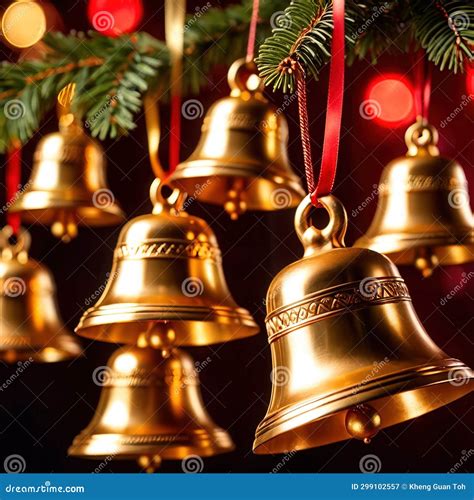 Golden Christmas Bell Ornaments Decorating Christmas Tree In Traditional Holiday Celebration