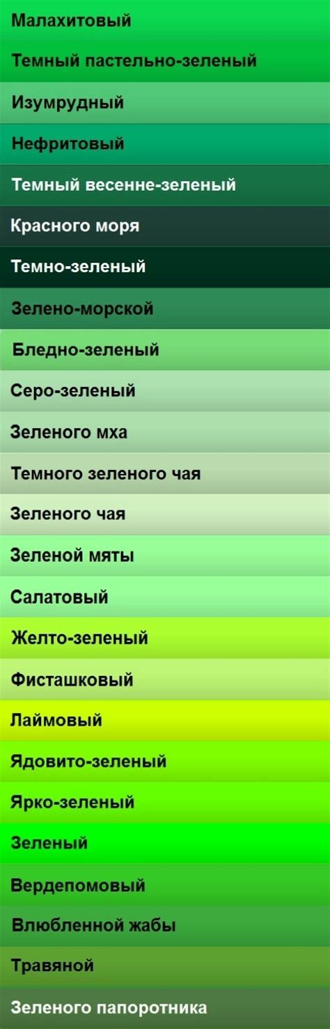 Какие есть оттенки зеленого цвета? Какая палитра, названия оттенков?