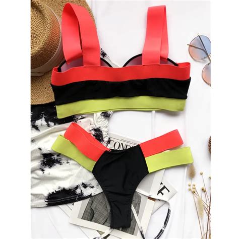 Patchworks Contrast Color Bikini Swimsuit Women Swimwear Bandage Sexy Swimming Suit Buy
