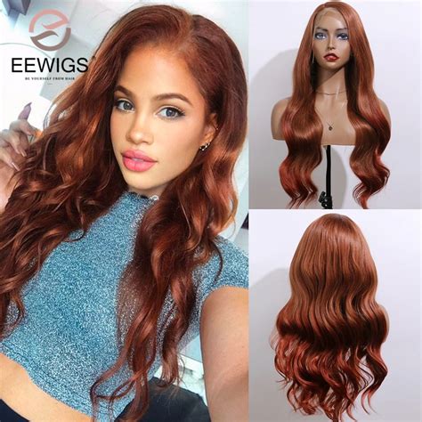 Eewigs Glueless Aburn Copper Red Color Wig High Temperature Long Wavy Wig Glueless Ombre