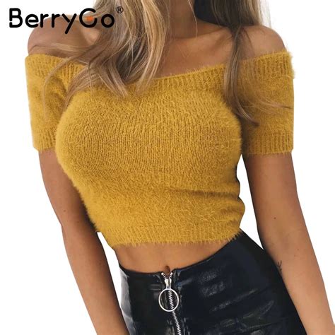 מוצר Berrygo Off Shoulder Sexy Knitting Top Tees Cropped Women Short