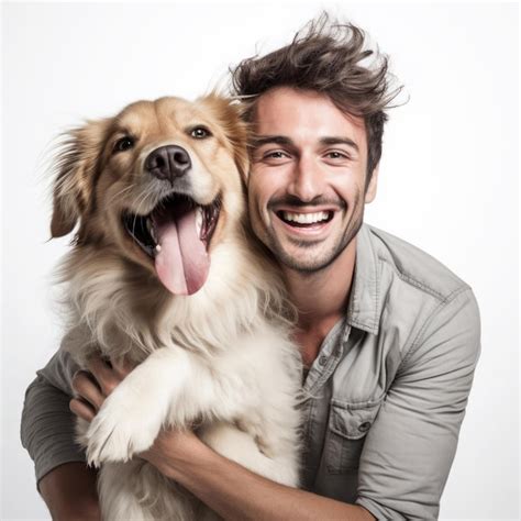 Happy man hugging his dog on white background Pet care Male owner has ...