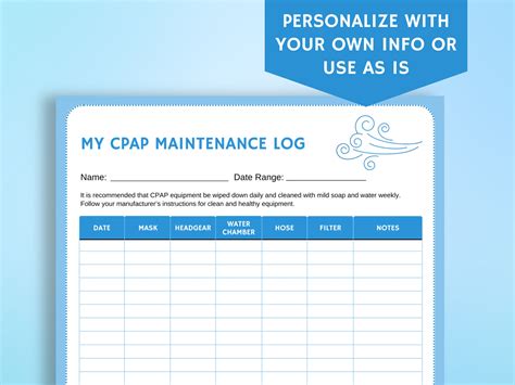 Editable CPAP Maintenance Log, Clean and Healthy Equipment Chart, Care